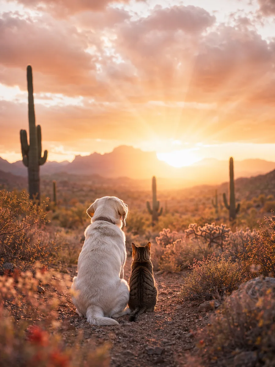 A dog and cat sitting together watching the Arizona desert sunset
